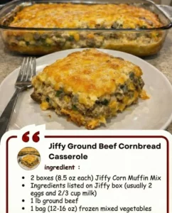 Jiffy Ground Beef Cornbread Casserole dish ready to serve