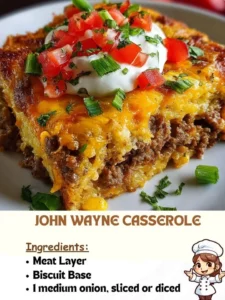A savory John Wayne Casserole topped with cheese and spices, perfect comfort food.