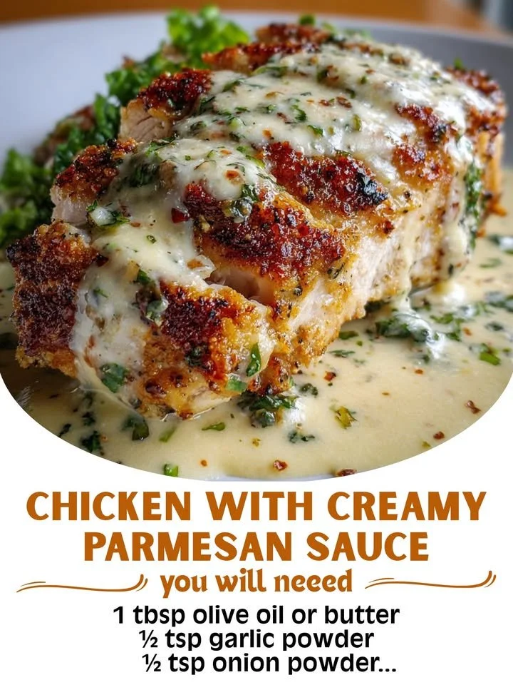Juicy Baked Caesar Chicken drizzled with creamy Parmesan sauce on a plate