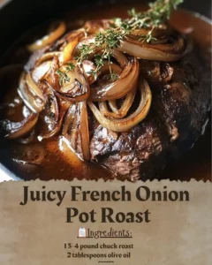 Deliciously cooked French Onion Pot Roast garnished with herbs and onions