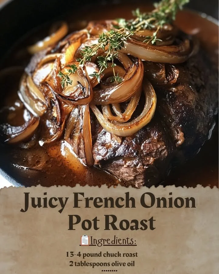 Deliciously cooked French Onion Pot Roast garnished with herbs and onions