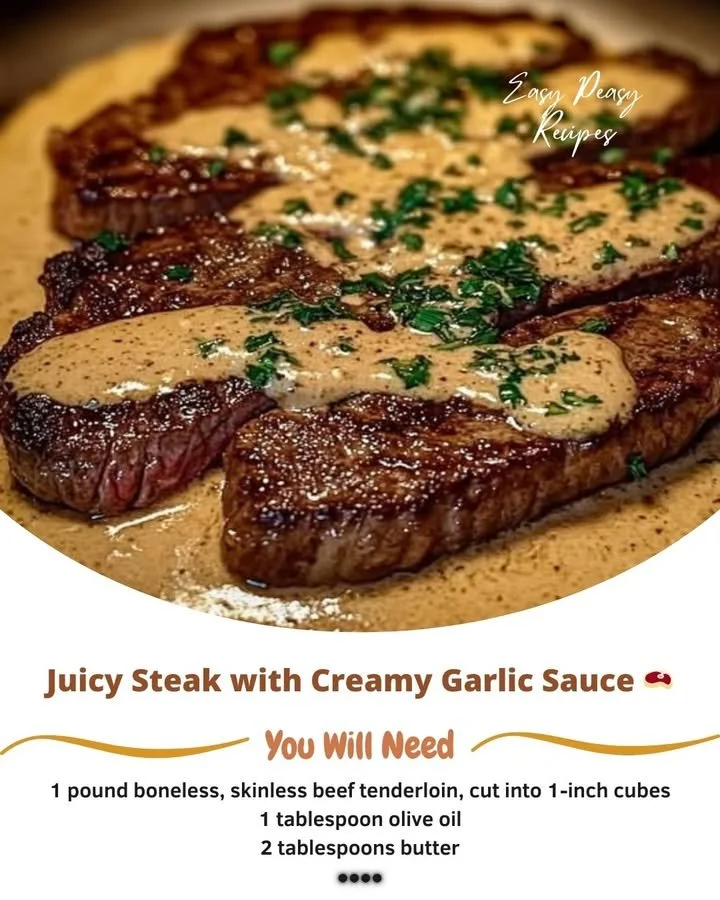 Juicy steak topped with creamy garlic sauce on a plate