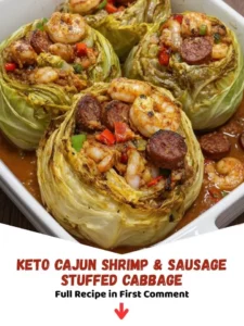 Keto Cajun shrimp and sausage stuffed in cabbage leaves on a plate