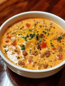 A bowl of creamy Keto Cheeseburger Soup garnished with fresh herbs.