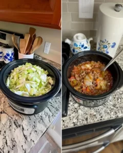Bowl of Keto Meaty Cabbage Soup topped with fresh herbs and served hot