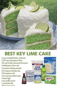 Deliciously frosted Key Lime Cake topped with lime zest and slices.