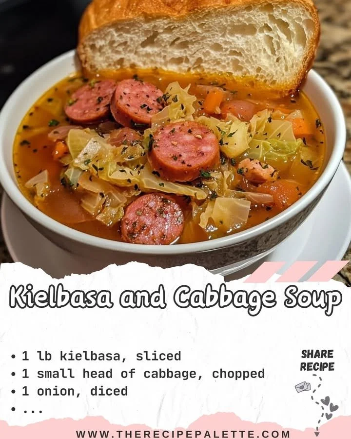 Bowl of Kielbasa and Cabbage Soup served with crusty bread
