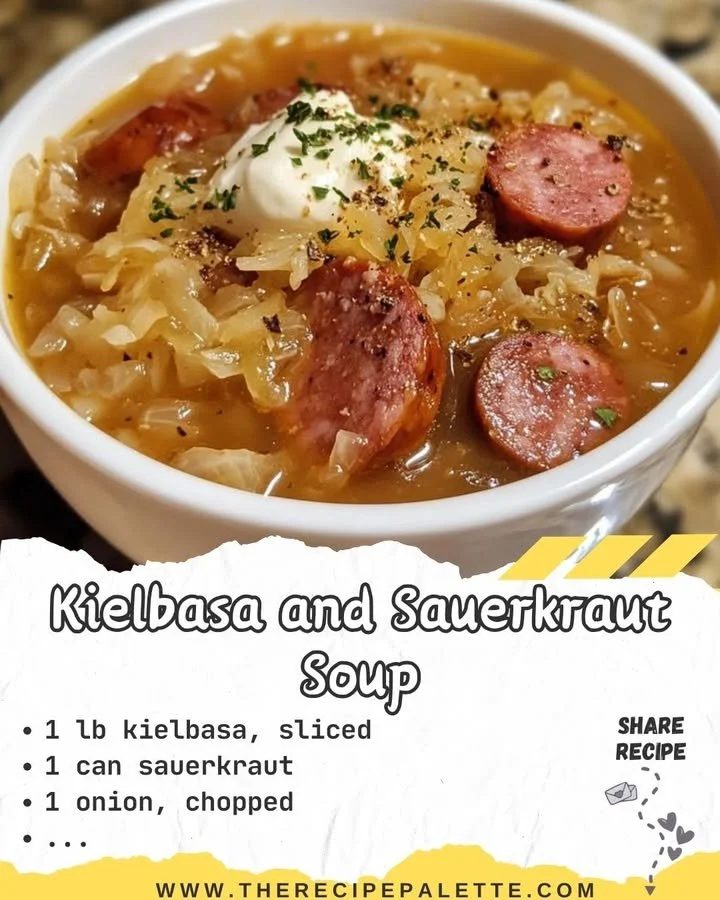 Bowl of Kielbasa and Sauerkraut Soup garnished with fresh herbs