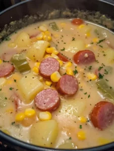 Bowl of delicious Kielbasa Potato Soup with herbs and spices