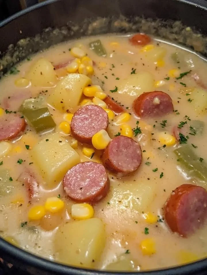 Bowl of delicious Kielbasa Potato Soup with herbs and spices