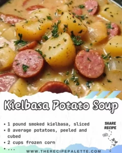 Delicious kielbasa potato soup in a bowl with fresh herbs.