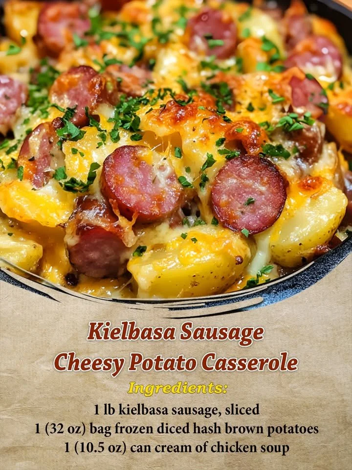 Kielbasa Casserole with cheesy potatoes in a baking dish