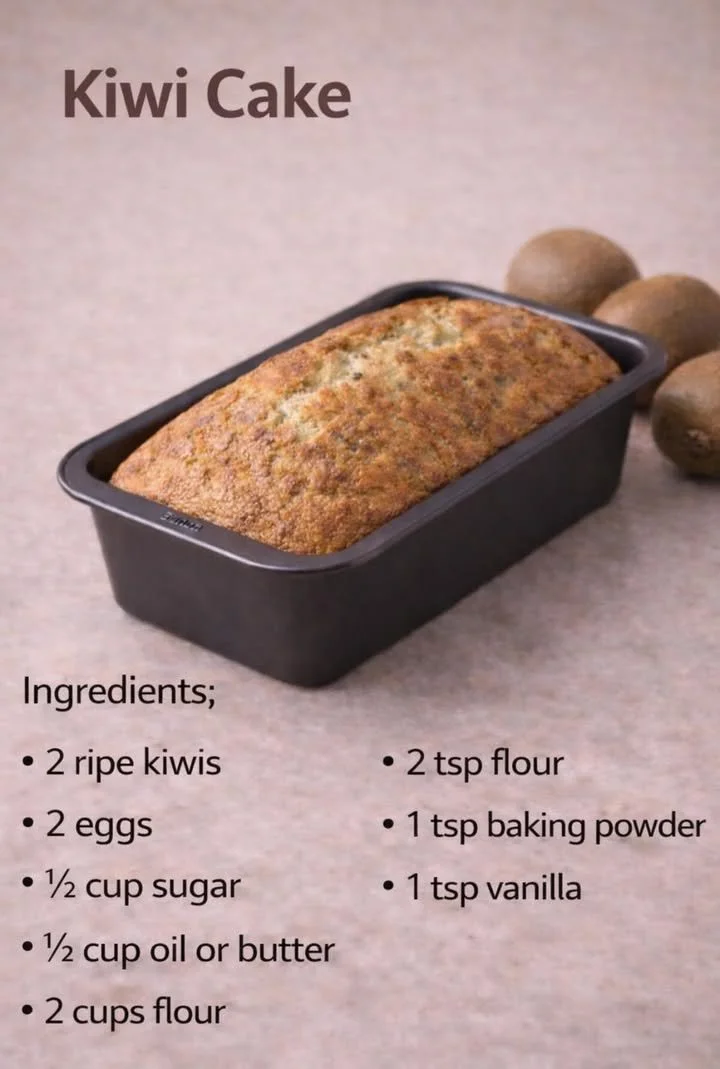 Deliciously moist Kiwi Cake topped with fresh kiwi slices and whipped cream.