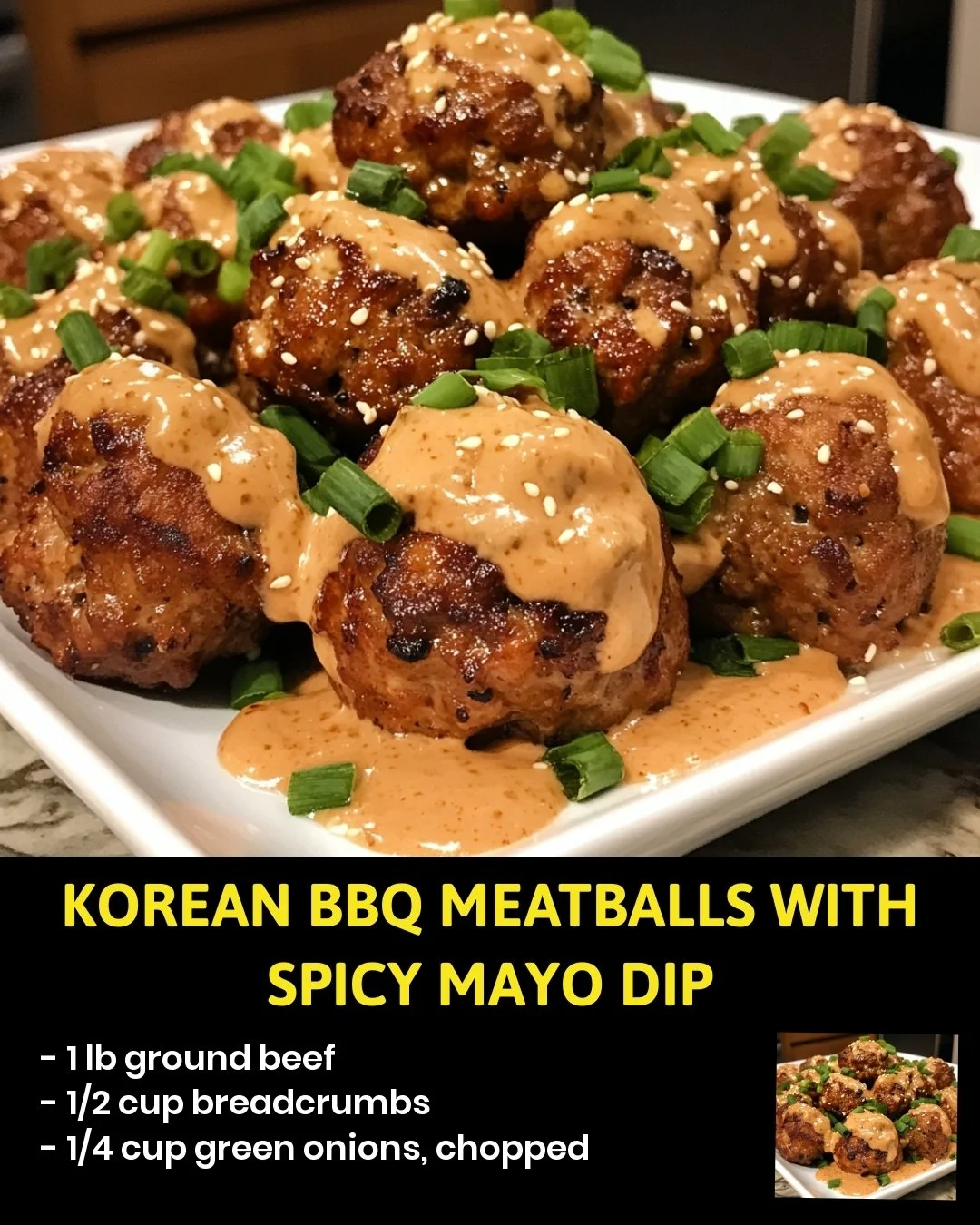 Korean BBQ meatballs served with a spicy mayo dip on a platter