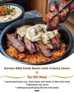 Delicious Korean BBQ Steak Bowl topped with creamy sauce and fresh vegetables