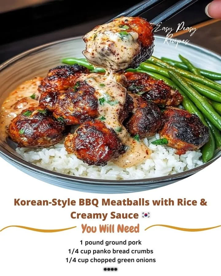 Delicious Korean-Style BBQ Meatballs with rice and creamy sauce