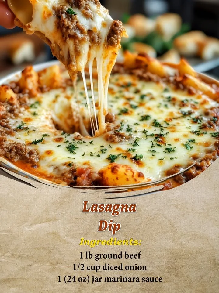 Delicious Lasagna Dip served in a bowl with layers of cheese and tomato sauce.
