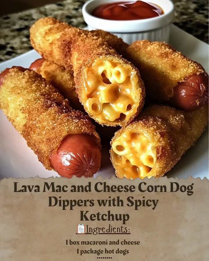 Delicious Lava Mac and Cheese Corn Dog Dippers served with spicy ketchup