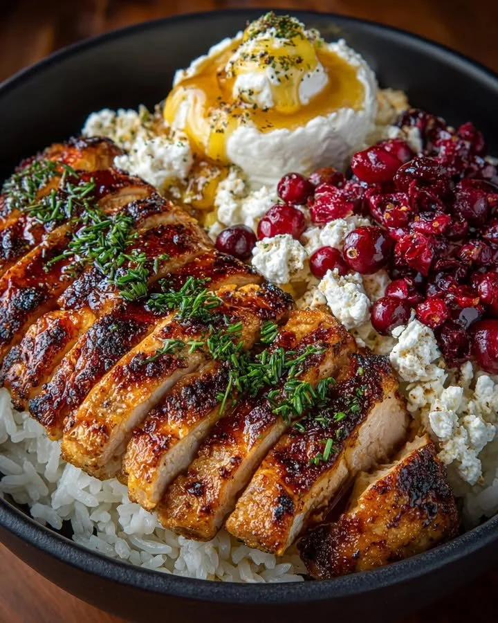 Layered Chicken Rice Bowl topped with Whipped Feta, Cranberries, and Hot Honey Glaze