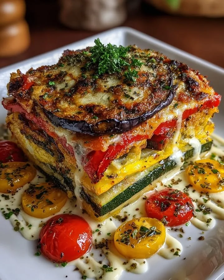 Delicious Mediterranean lasagna with eggplant, zucchini, and creamy garlic herb drizzle