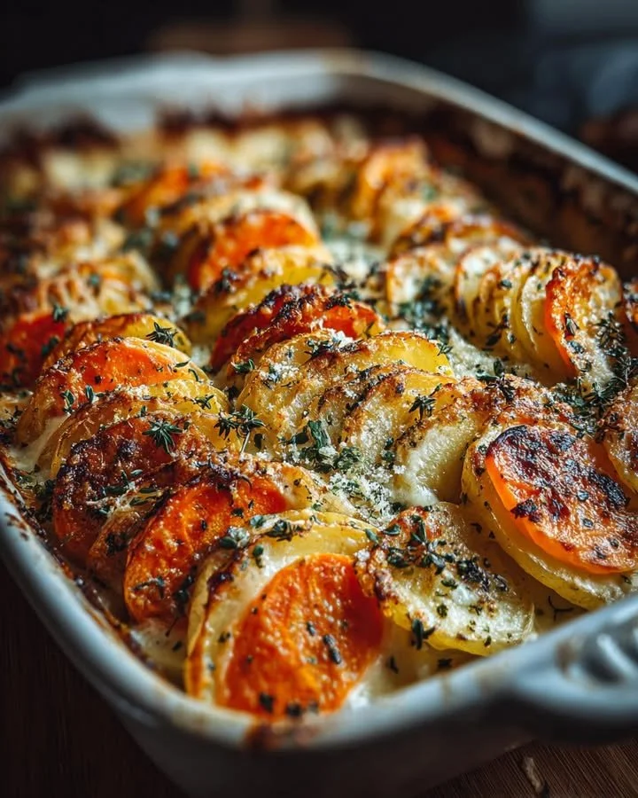 Layered Potato and Carrot Bake with Creamy Garlic Herb Cheese Sauce