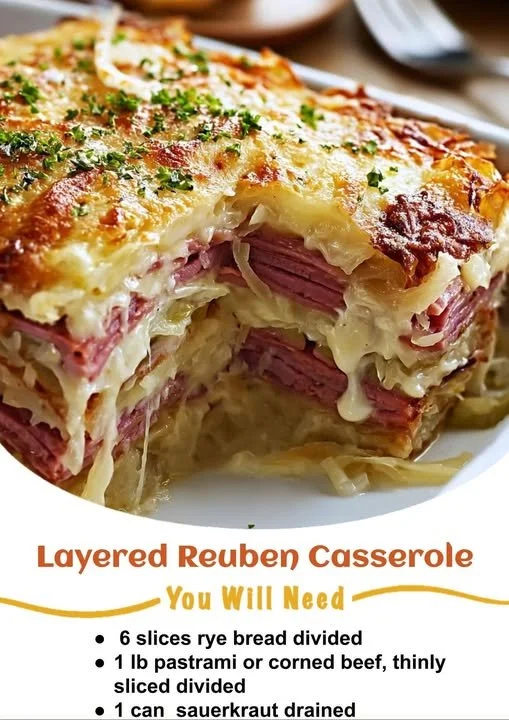 Delicious Layered Reuben Casserole with corned beef, sauerkraut, and Swiss cheese