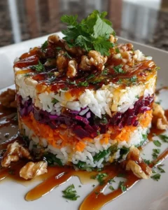 Layered rice salad with carrots, beets, spinach, and purple cabbage in a bowl