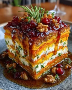 Delicious sweet potato lasagna with butternut squash, feta, and walnuts.