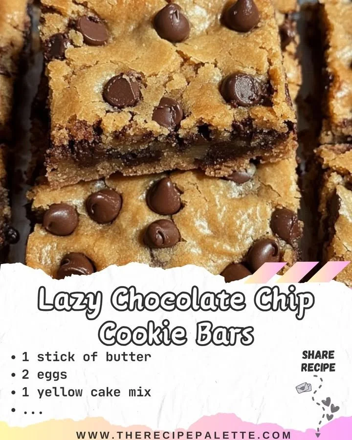 Delicious lazy chocolate chip cookie bars, perfect for a quick dessert.