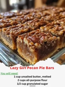 Easy Lazy Girl Pecan Pie Bars topped with pecans and syrup