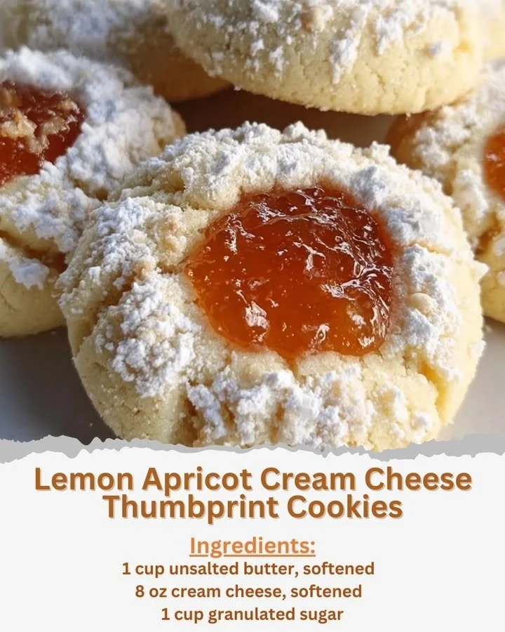 Lemon Apricot Cream Cheese Thumbprint Cookies on a plate with fresh fruit