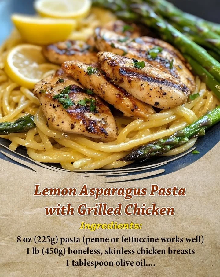 Plate of Lemon Asparagus Pasta with grilled chicken garnished with herbs