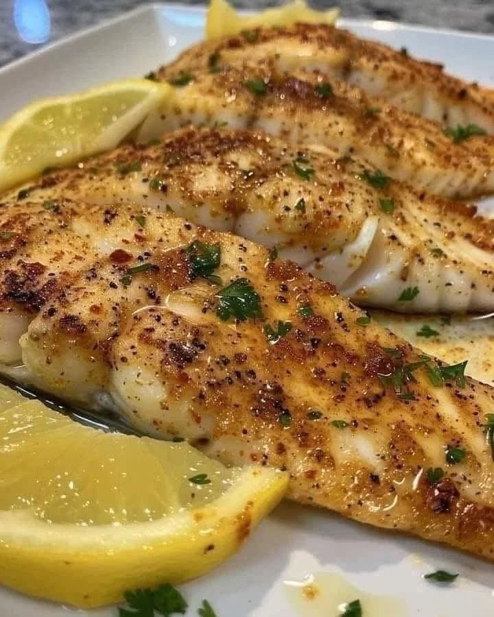 Lemon Butter Fish Fillet served on a plate with garnishes.