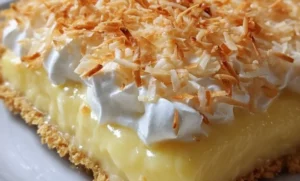 Lemon Coconut Cream Pie topped with whipped cream and coconut flakes