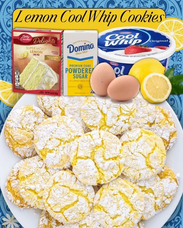 Lemon cool whip cookies on a plate with a lemon in the background.