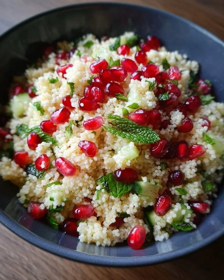 Lemon Couscous Salad with Pomegranate and Fresh Mint Garnish