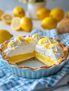 Delicious lemon cream pie topped with whipped cream and lemon zest.