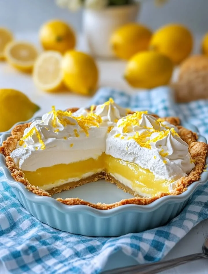 Delicious lemon cream pie topped with whipped cream and lemon zest.