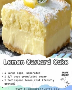 Slice of Lemon Custard Cake topped with lemon zest and served on a white plate