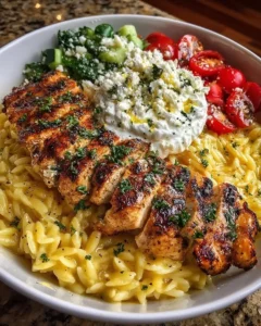 Lemon Dijon Chicken Orzo Bowl with Whipped Feta garnished with herbs