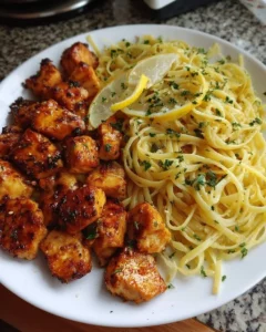 Lemon garlic butter chicken bites with savory parmesan linguine on a plate