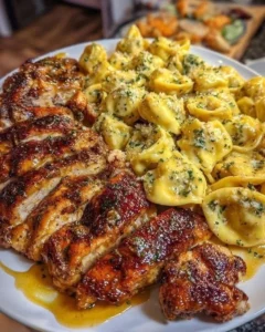 Plate of Lemon Garlic Butter Chicken served with creamy Parmesan pasta