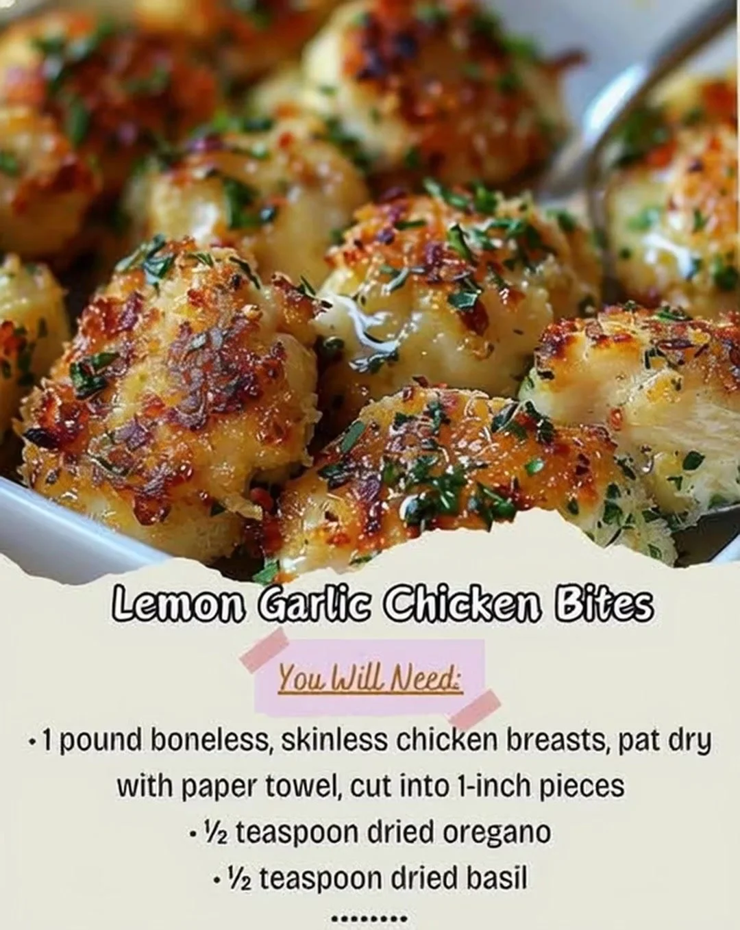 Plate of savory Lemon Garlic Chicken Bites garnished with herbs