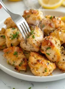Juicy Lemon Garlic Chicken Bites served on a plate with herbs