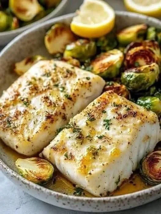 Lemon Garlic Cod bowls with roasted Brussels sprouts for a healthy meal