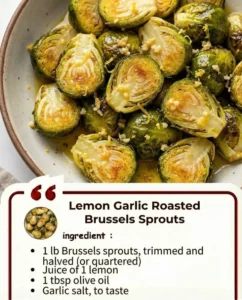 Delicious lemon garlic roasted Brussels sprouts served in a skillet