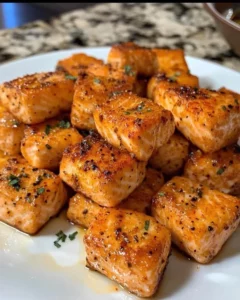 Delicious Lemon Garlic Salmon Bites served on a platter