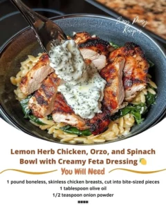 Lemon Herb Chicken orzo spinach bowl with creamy feta dressing