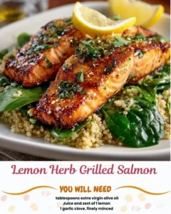 Lemon Herb Grilled Salmon served with quinoa on a plate