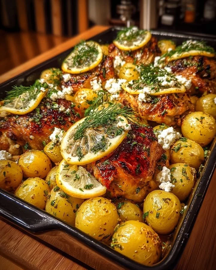 Lemon Herb Roasted Chicken served with Greek Potatoes and Feta cheese.